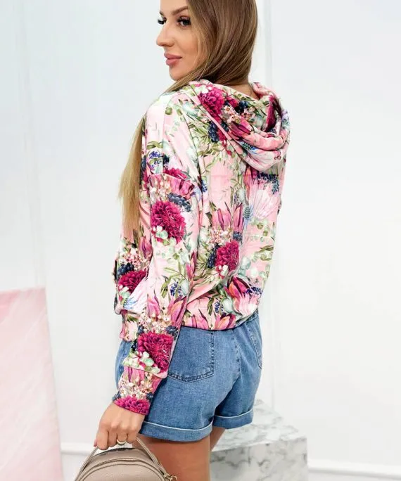 Velúrová kvetovaná mikina Pink